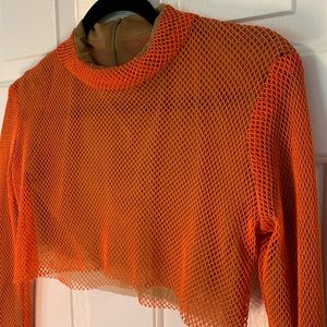 Orange & Nude fishnet long sleeve crop top